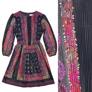 Vintage 70s Secretary Dress Pleated Paisley Boho Retro Size 16 Jennifer Gee